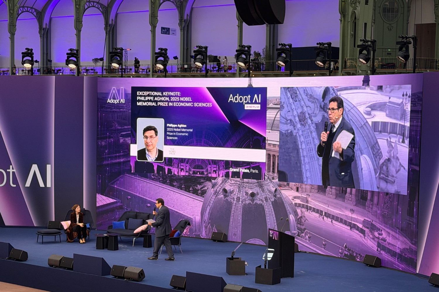 (c) Soraya-Kandan 2025, Adopt AI conference at the Grand Palais Paris. Philippe Aghion on stage with Anne Bouverot, Chairperson of the Board of Ecole Normale Sup&eacute;rieure, and France&rsquo;s special envoy for AI